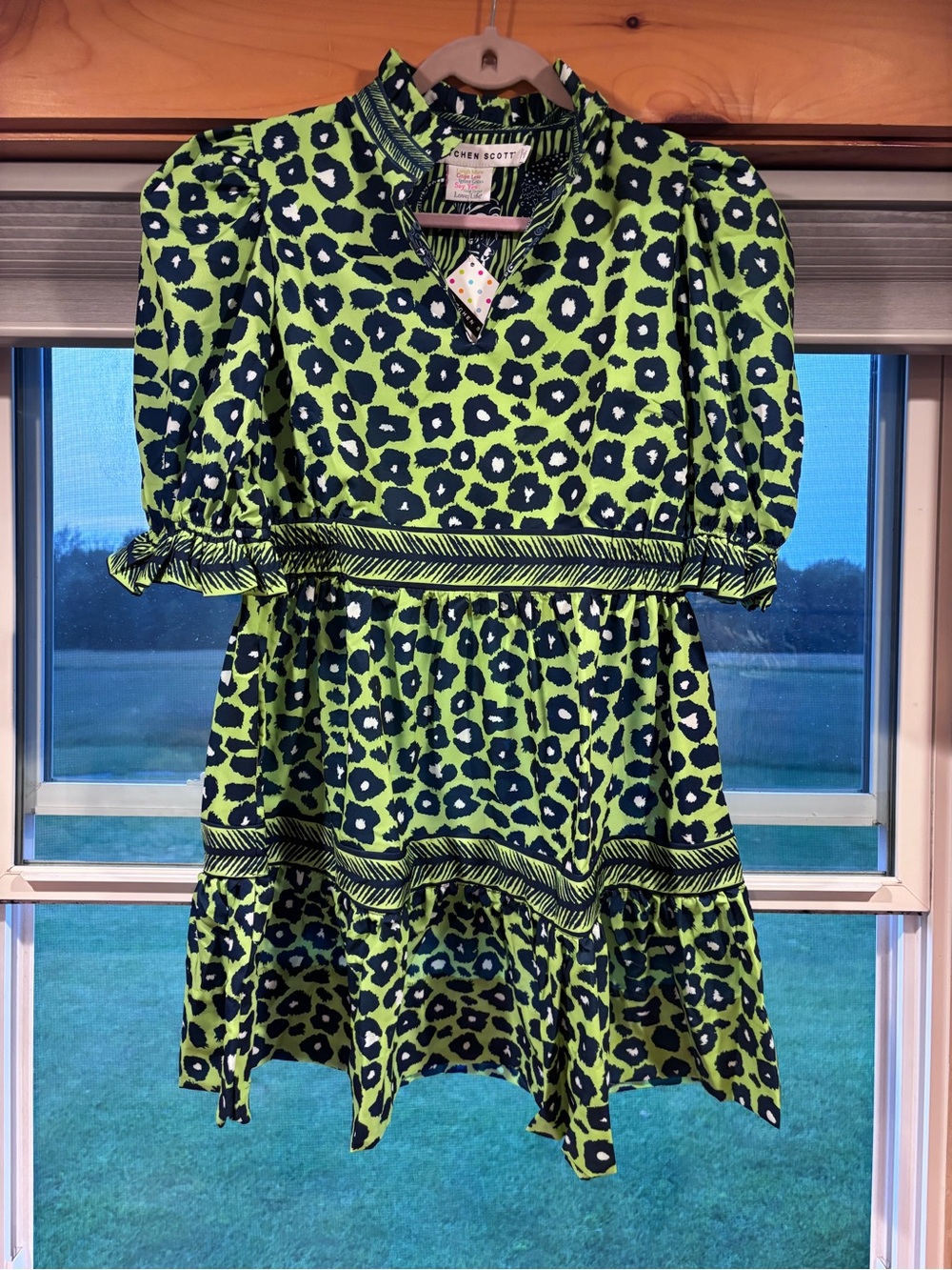 Gretchen Scott Designs Neon Green and Navy Leopard Tiered Dress